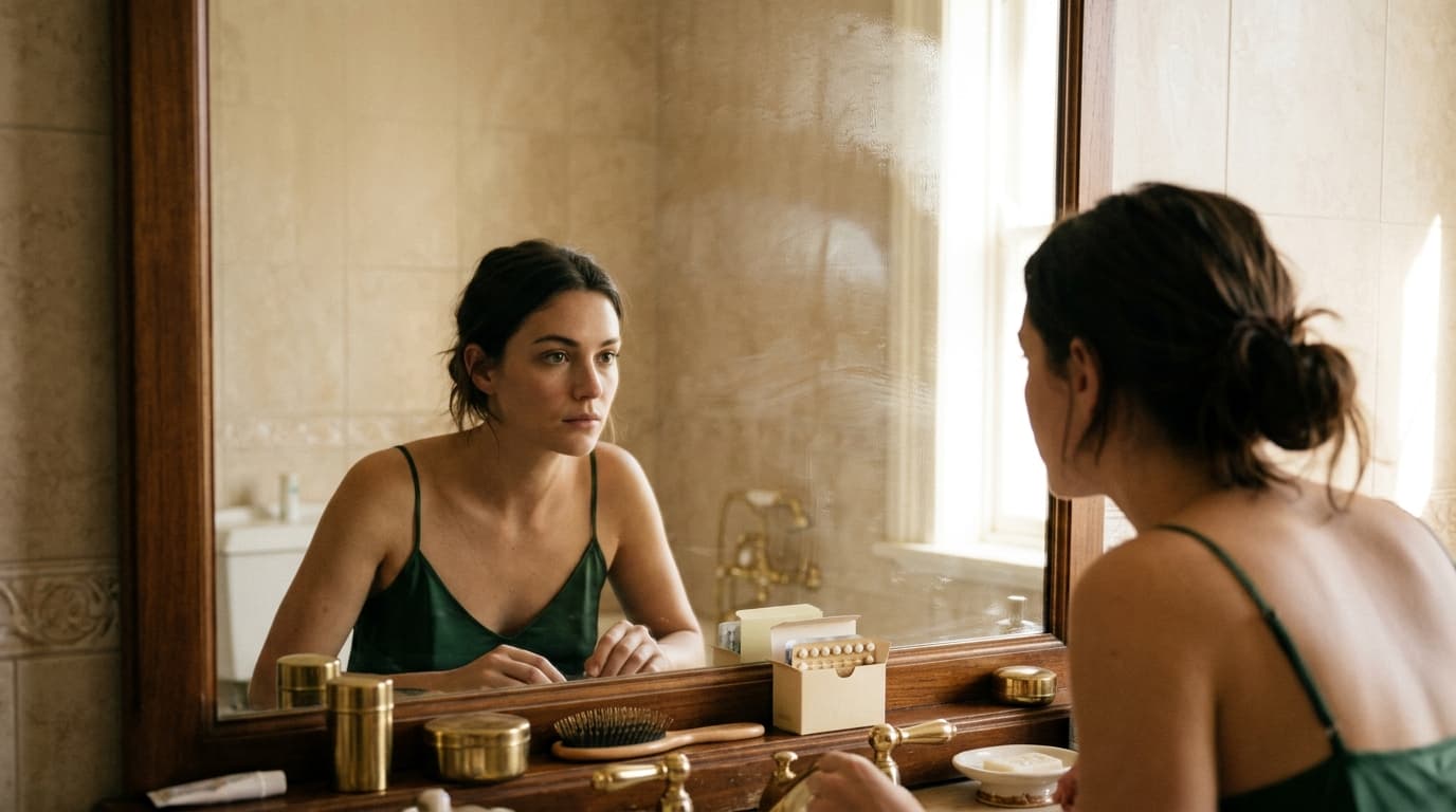 A woman in a silk slip dress stands at a vanity, reflected in the mirror. A small box of contraceptives sits on the wooden...