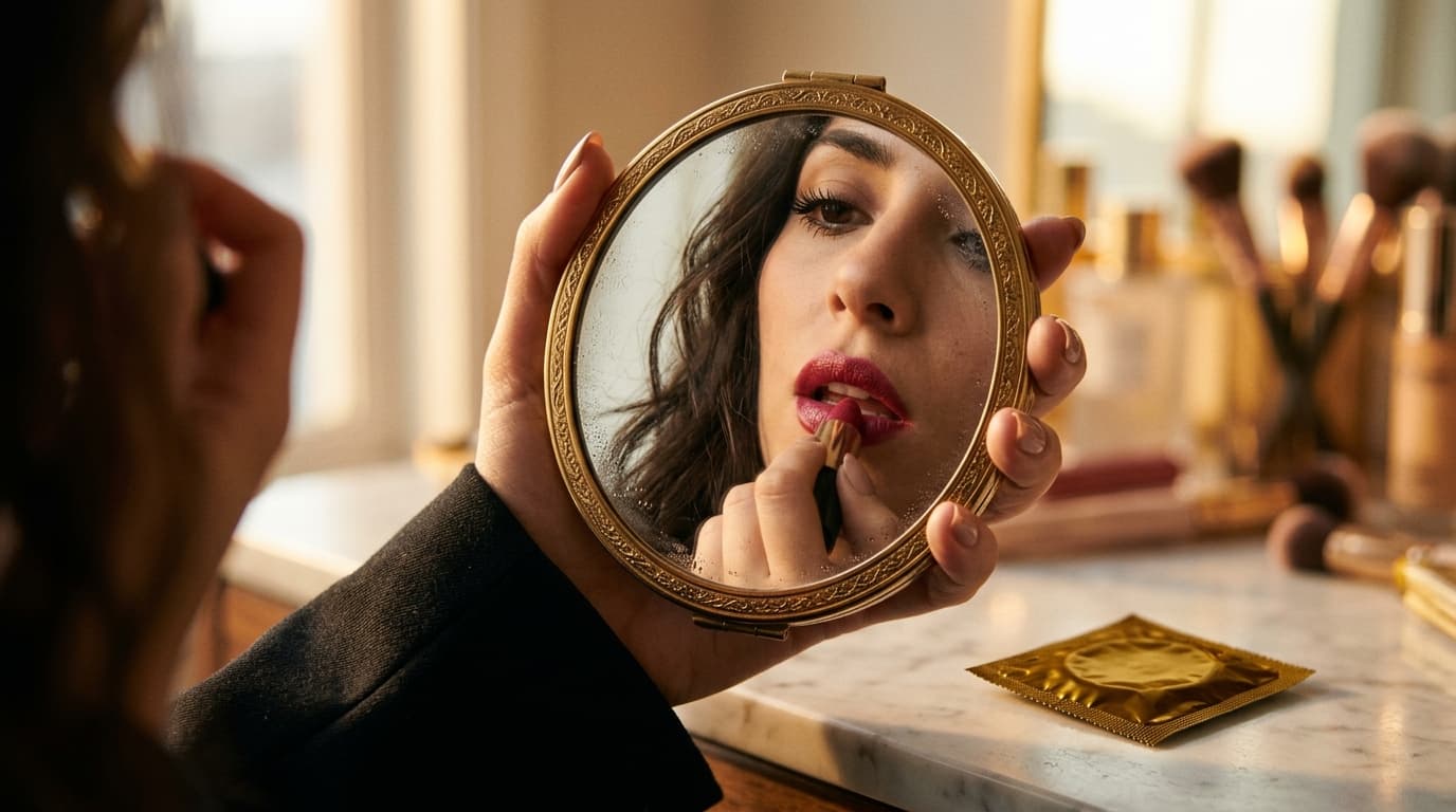 Extreme macro reflection in a compact mirror held by a woman in a black blazer, showing her applying lipstick. A single la...