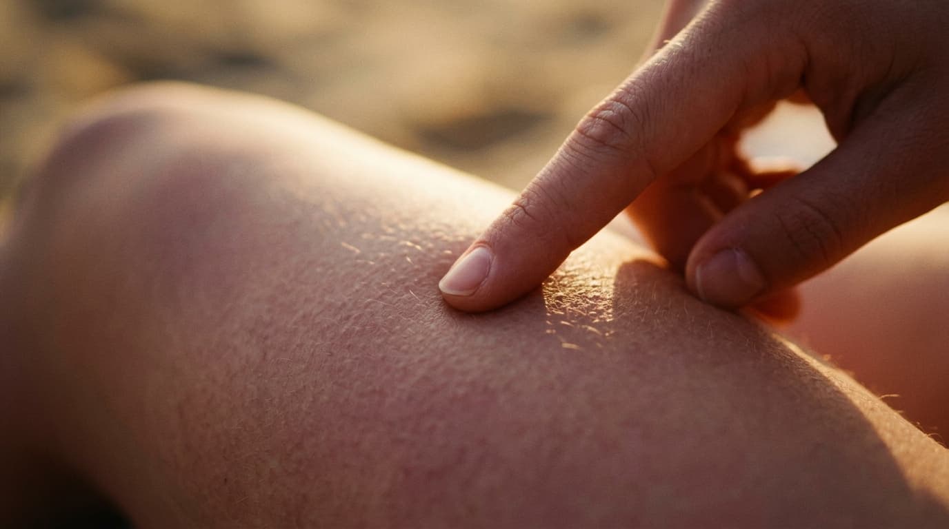 A macro shot of a single fingertip gently tracing the delicate, goosebump-prickled skin of a partner’s inner thigh. Warm,...