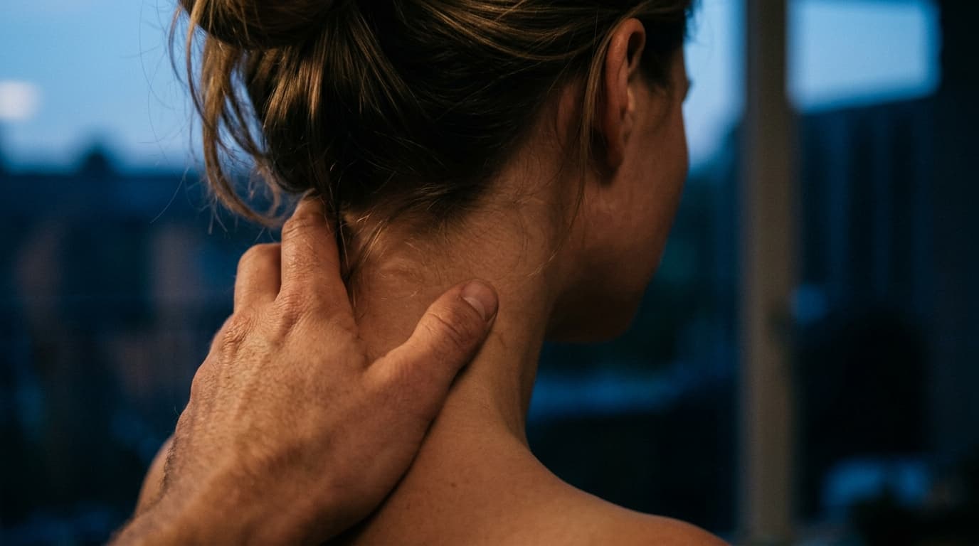 A close-up of a hand resting firmly on the side of a neck, thumb grazing the pulse point. The skin is soft, hair swept asi...