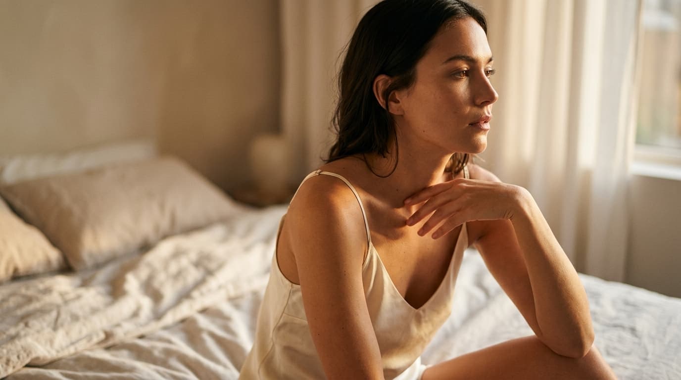 A woman in a cream silk camisole sits on a rumpled linen bed. She gazes past the camera, resting a hand on her own collarb...