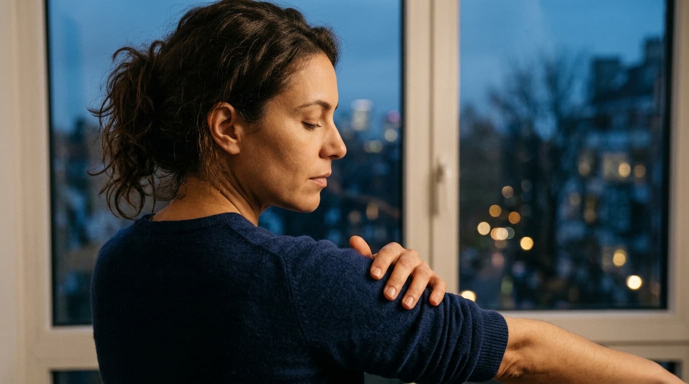 A woman in a navy cashmere sweater stands by a window at blue hour. She rests her fingertips lightly on her own forearm, e...