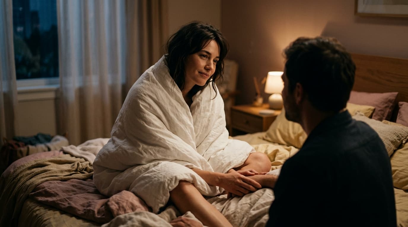 A woman sits on the edge of a bed in a dimly lit room, wrapped in a white duvet. Her expression is calm as she leans towar...