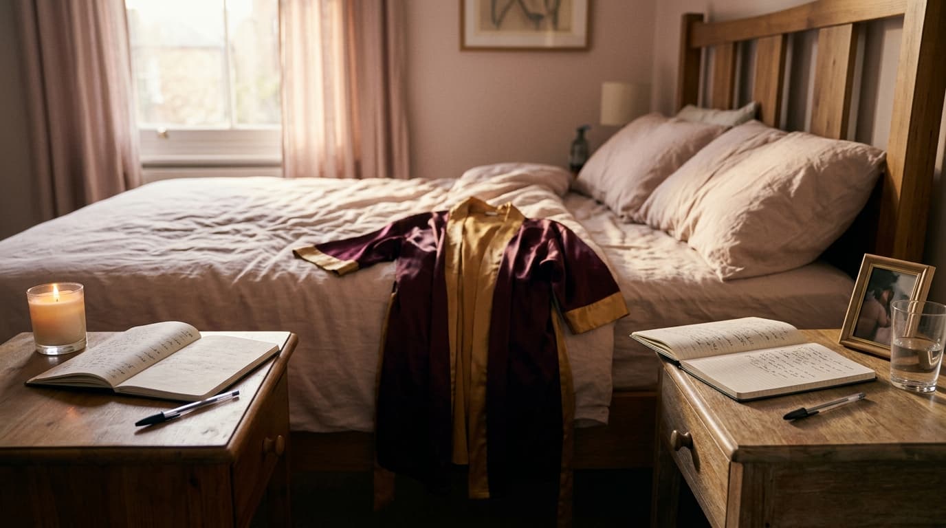 A centered medium shot shows two wooden bedside tables holding identical ballpoint pens and open, handwritten notebooks. A...