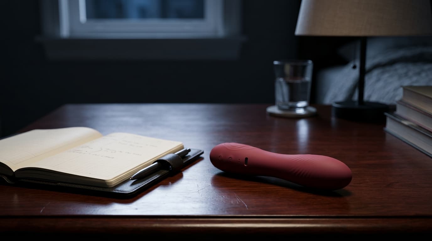 A modern vibrator resting beside a sleek, open planner on a polished mahogany nightstand. Low-angle hero shot, midnight am...