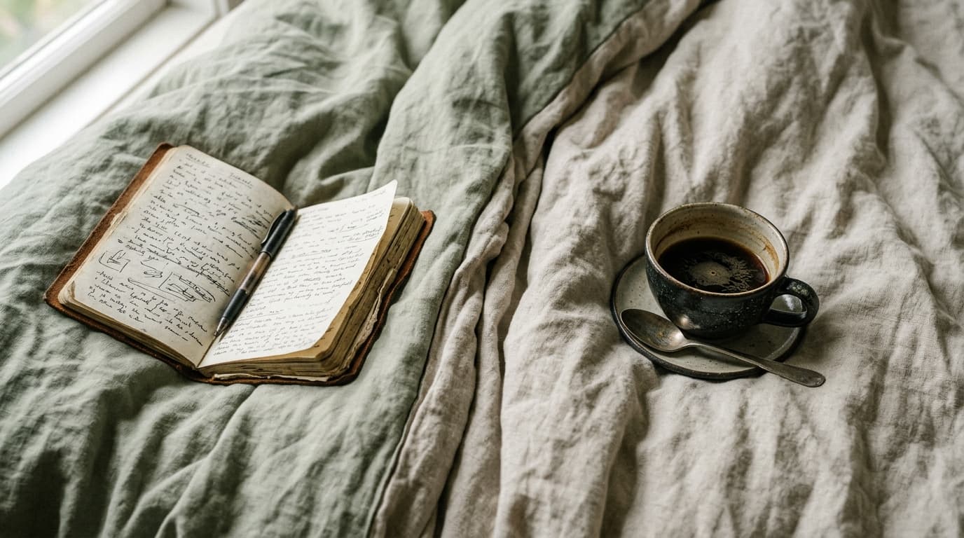 An overhead flat-lay of a rumpled, unmade duvet showing a distinct divide. On one side, a worn, annotated notebook sits op...
