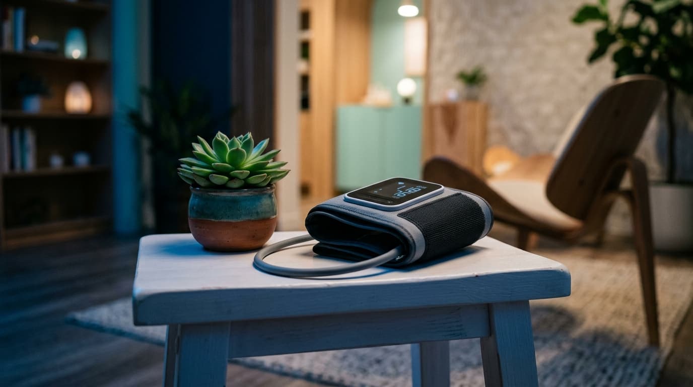 A low-angle macro shot of a sleek, modern blood pressure cuff resting on a white clinic stool. A small, vibrant succulent...