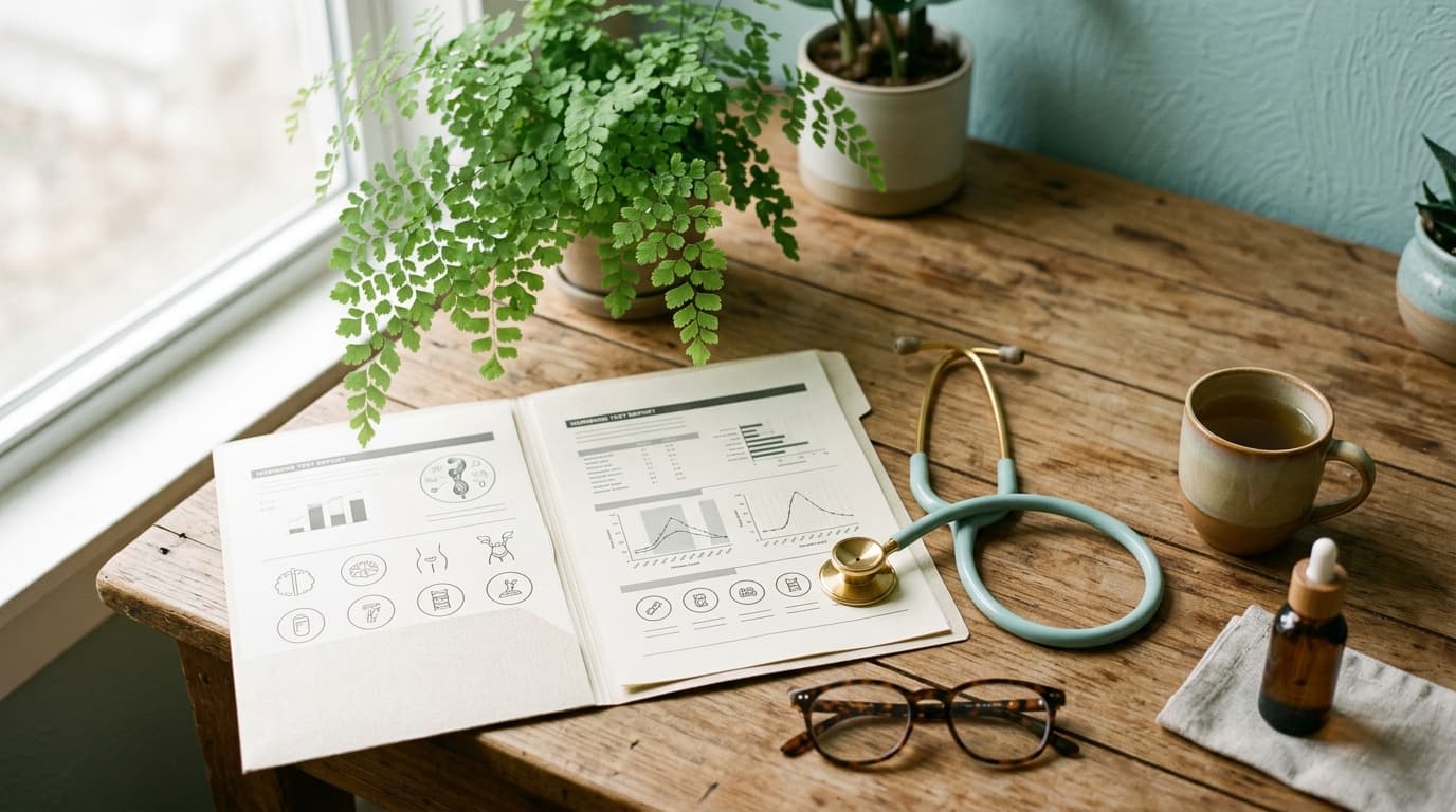 An overhead flat-lay of a wooden desk featuring a hormone test panel report and a gold-rimmed stethoscope. Soft overcast m...