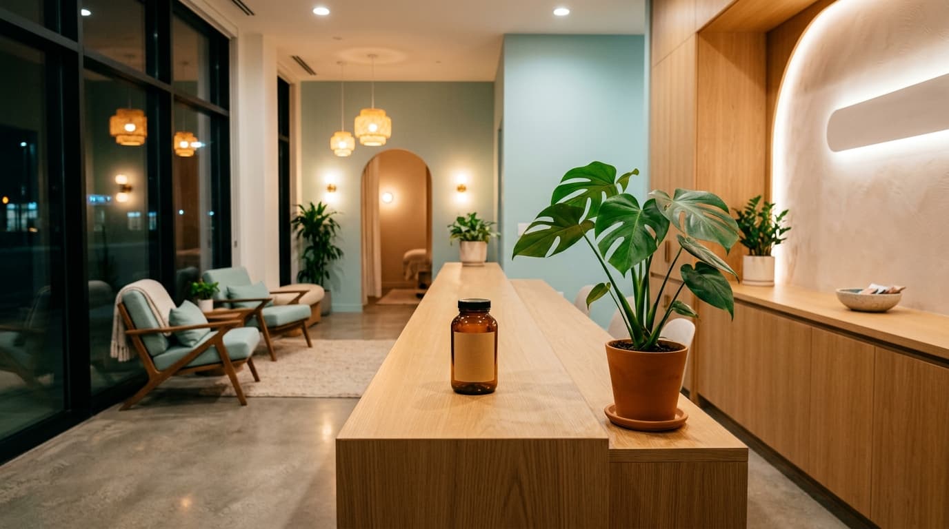 A wide, symmetrical shot of a sun-drenched minimalist clinic console. A single amber prescription bottle rests beside a de...