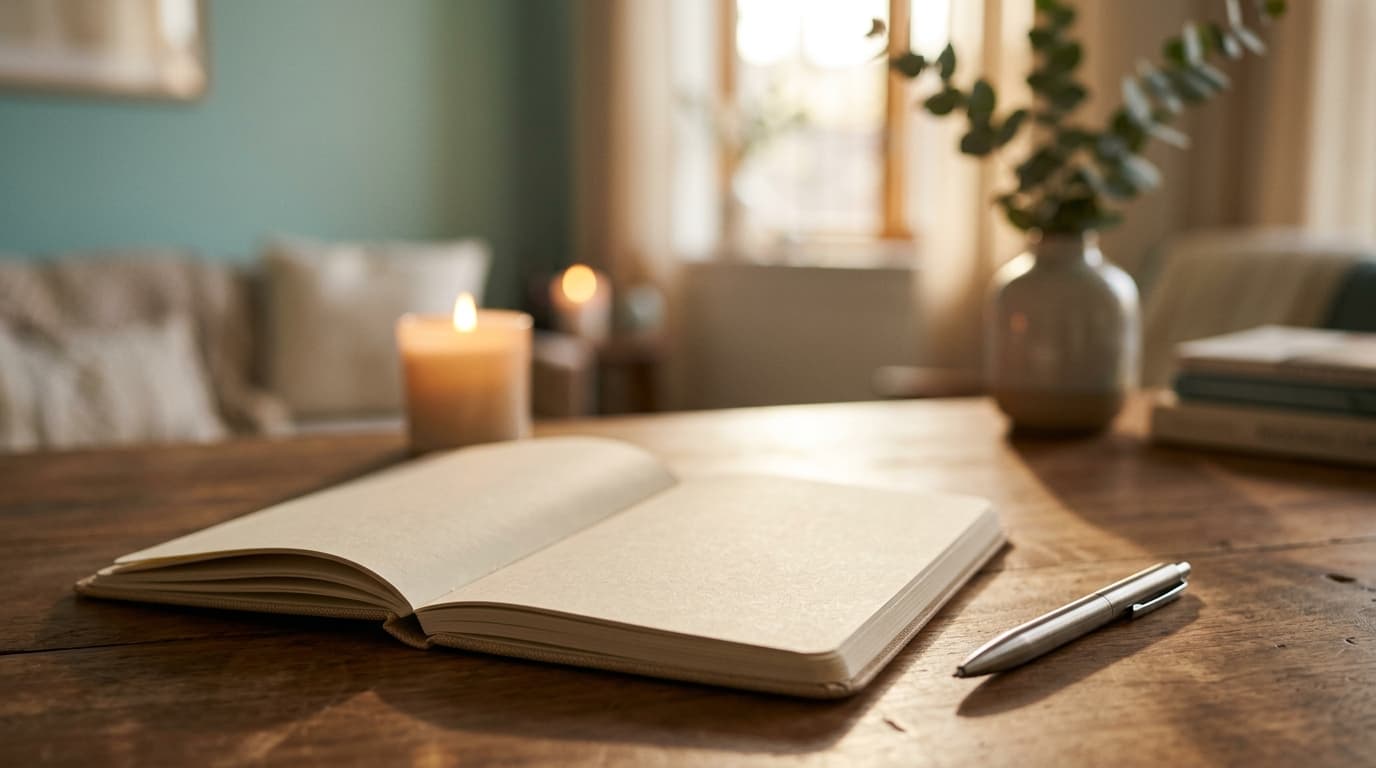 A small, open clinical notebook rests on a warm wood surface in a candle-lit office. Beside it, a single metallic medical...
