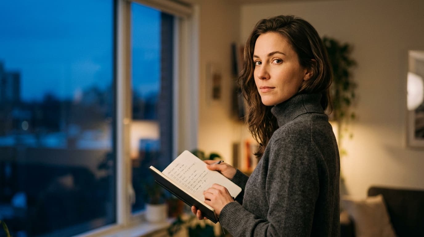 A woman wearing a charcoal cashmere turtleneck stands by a window at blue hour, holding a handwritten checklist. She looks...