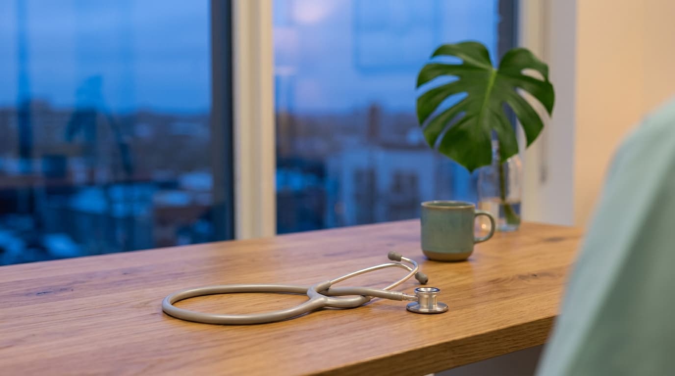 Over-the-shoulder view of a sleek, silver stethoscope draped across a polished wooden clinical desk, positioned in the low...