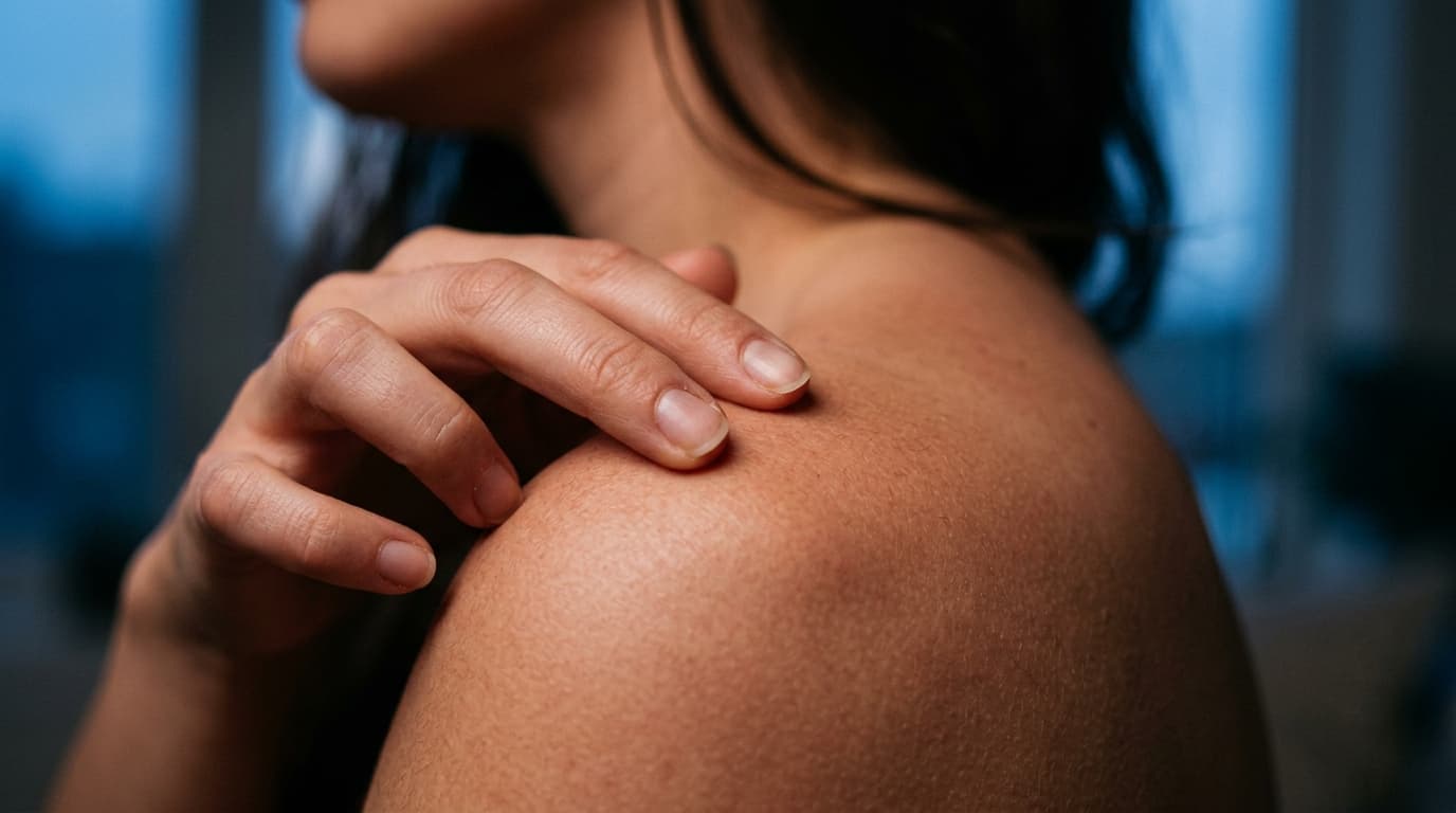 A tight 100mm macro shot during blue hour. A person’s fingertips trace the warm, tactile texture of their own shoulder, em...
