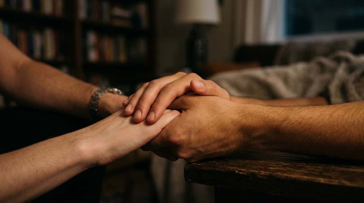 A low-angle, macro shot focuses on two hands interlaced. One palm remains open in a stop gesture, while the other rests ge...