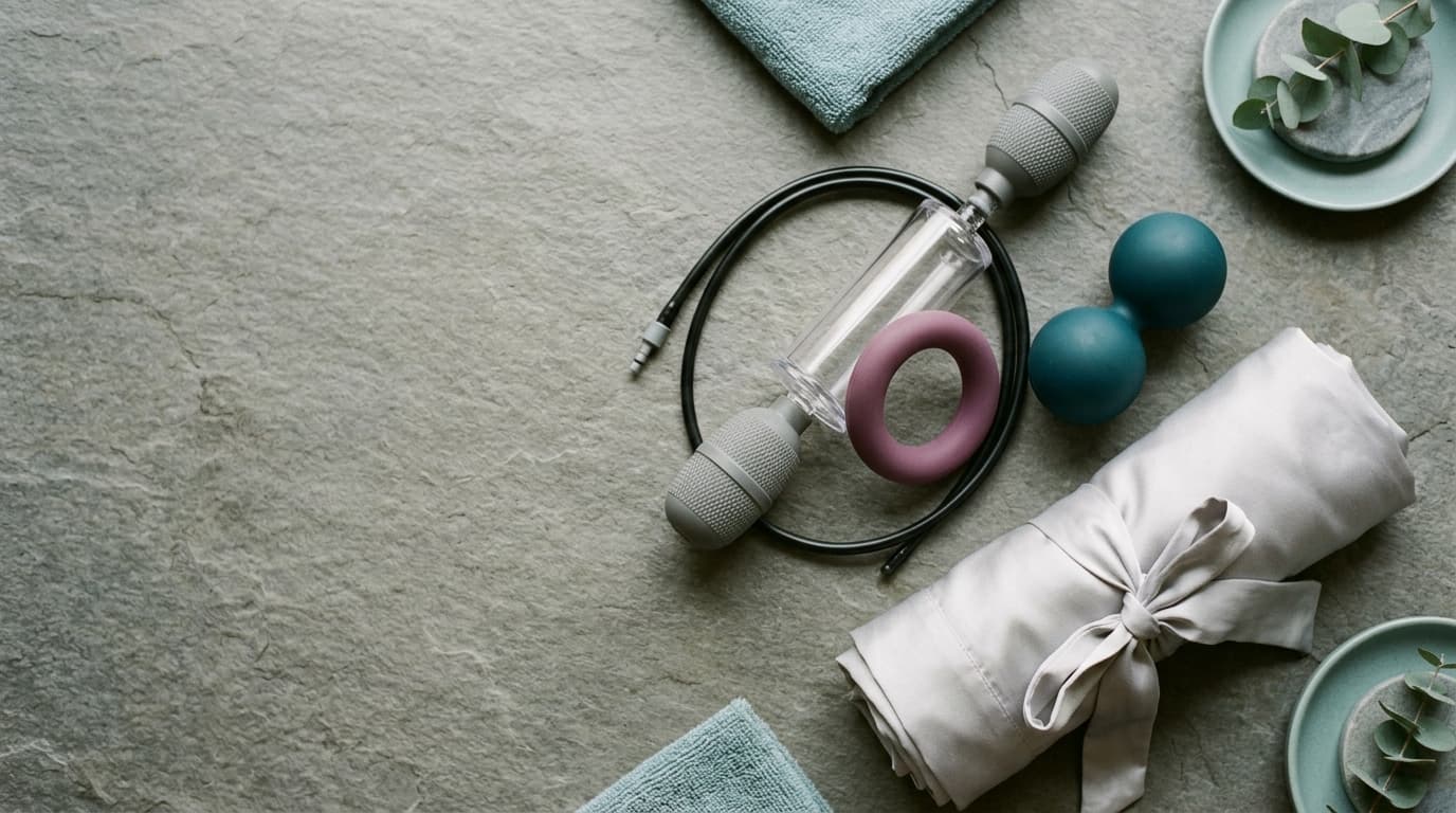 An overhead flat-lay of a vacuum constriction device, a pair of soft-touch massage balls, and a neatly rolled silk robe on...