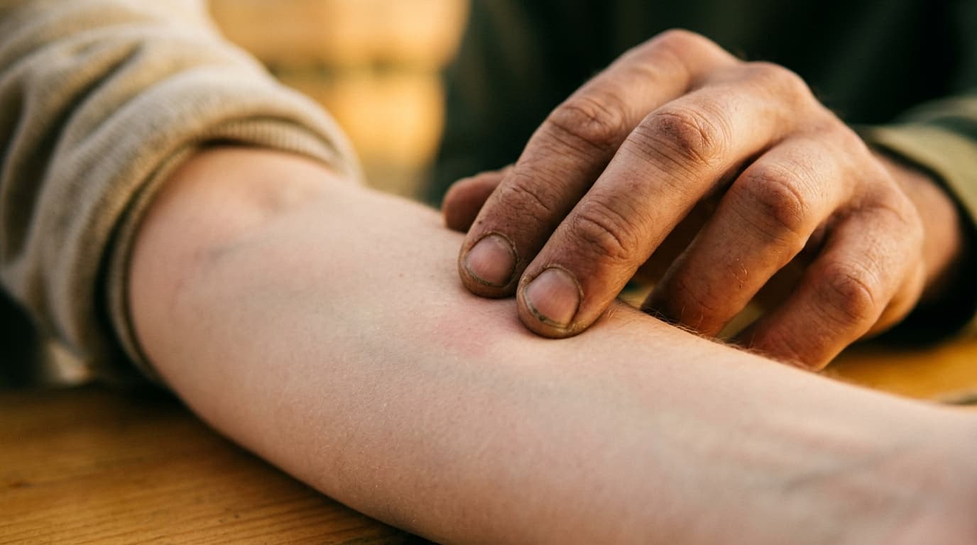 Extreme close-up, golden hour light on a man’s calloused fingertips pressing firmly into the soft, bare skin of a partner’...