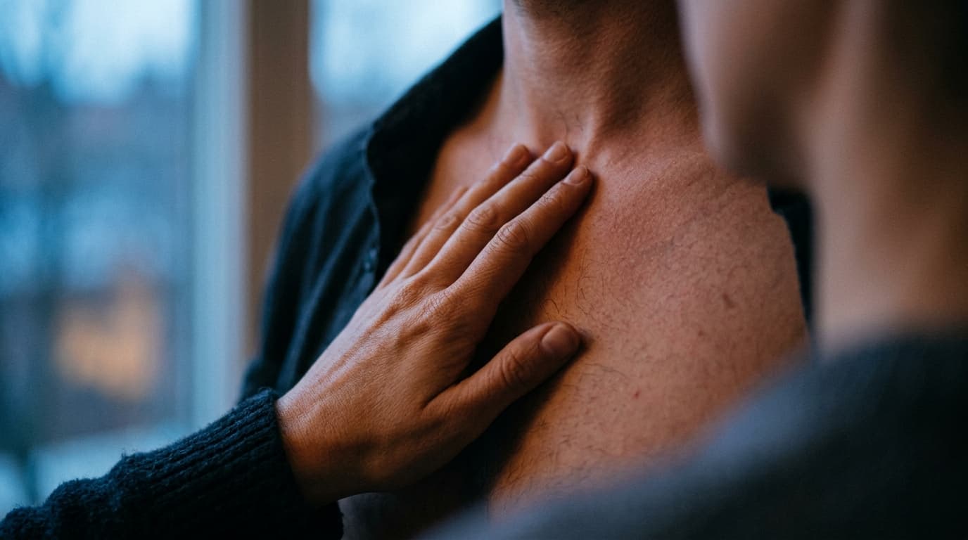 Blue hour light illuminates a person’s palm resting flat against a partner’s bare chest, fingertips gently tracing the pul...
