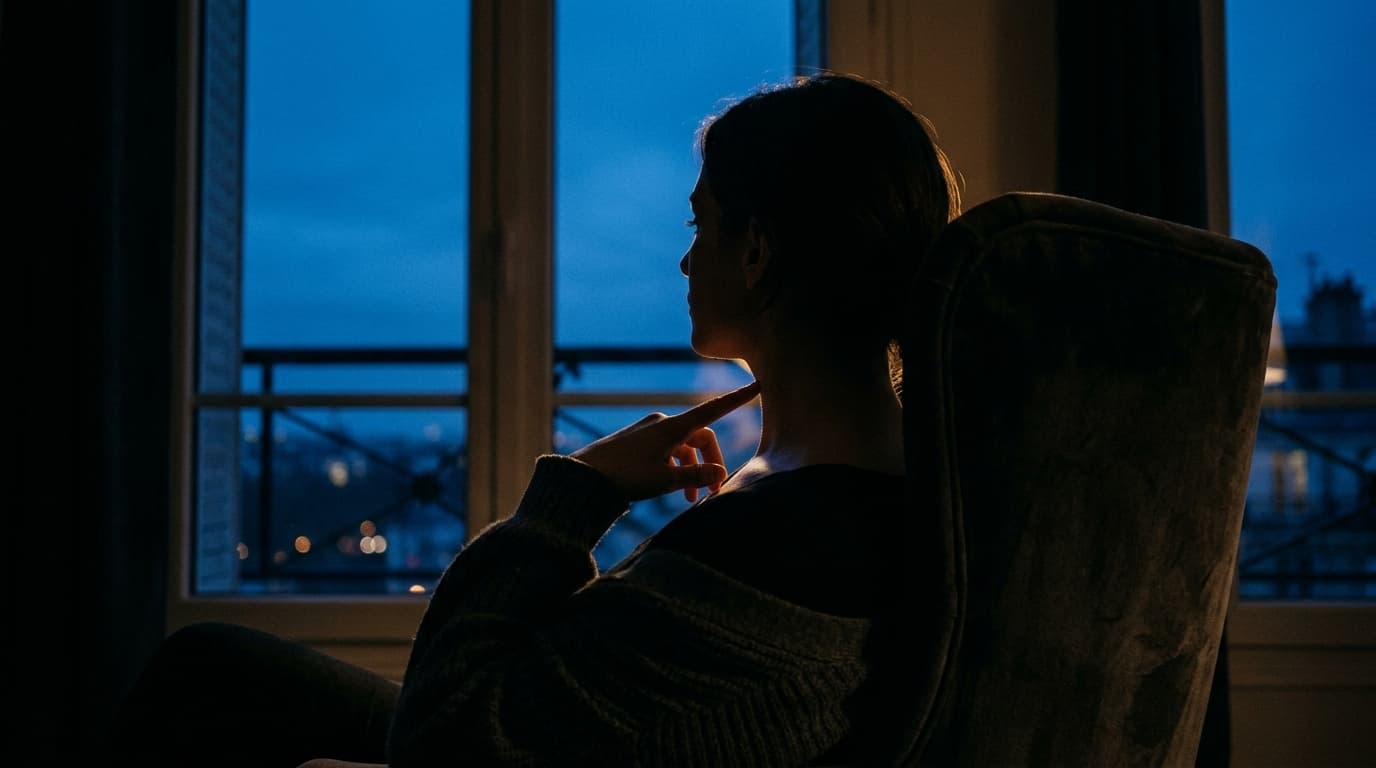 An over-the-shoulder view of a person sitting on a plush armchair in the lower third, tracing their own collarbone in soft...