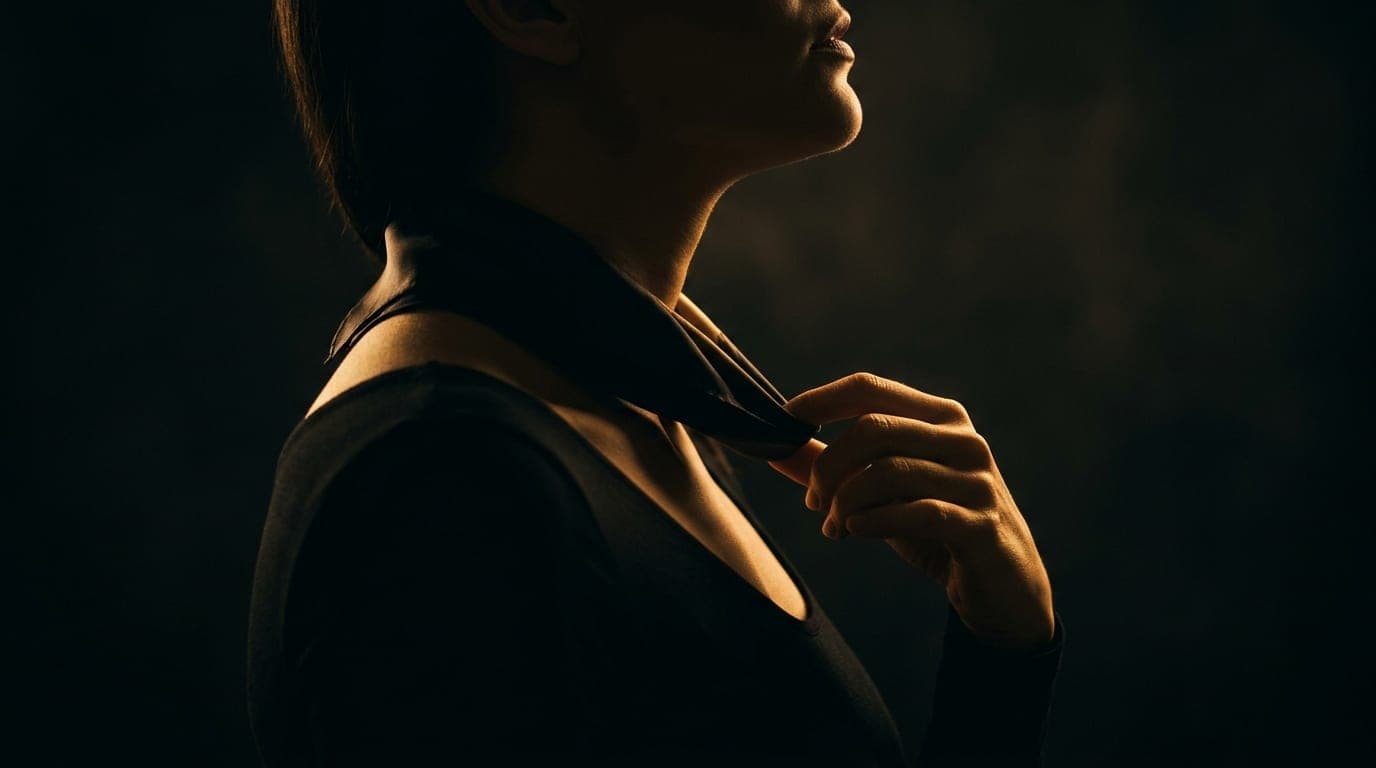A low-angle, tight macro shot of a woman in shadow tracing her collarbone with a silk scarf. A single light source illumin...
