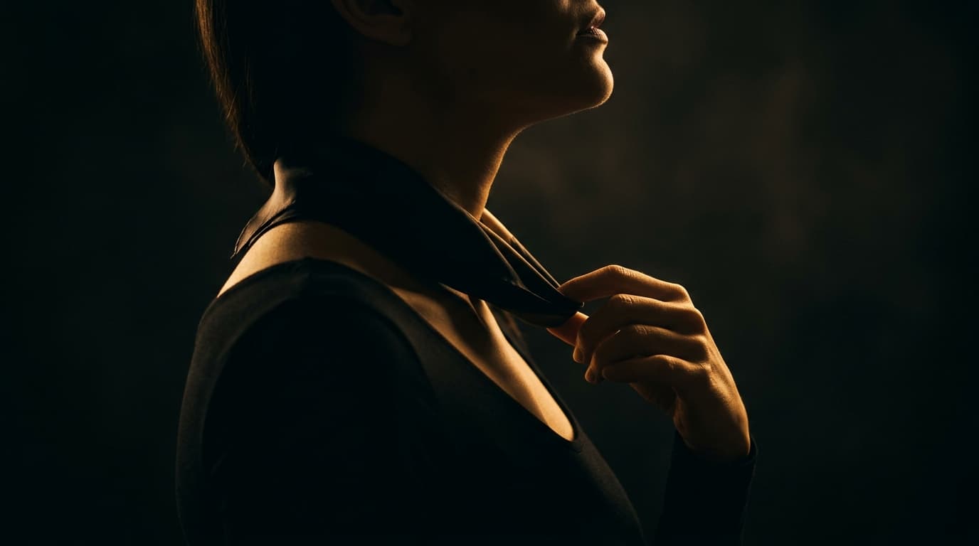 A low-angle, tight macro shot of a woman in shadow tracing her collarbone with a silk scarf. A single light source illumin...