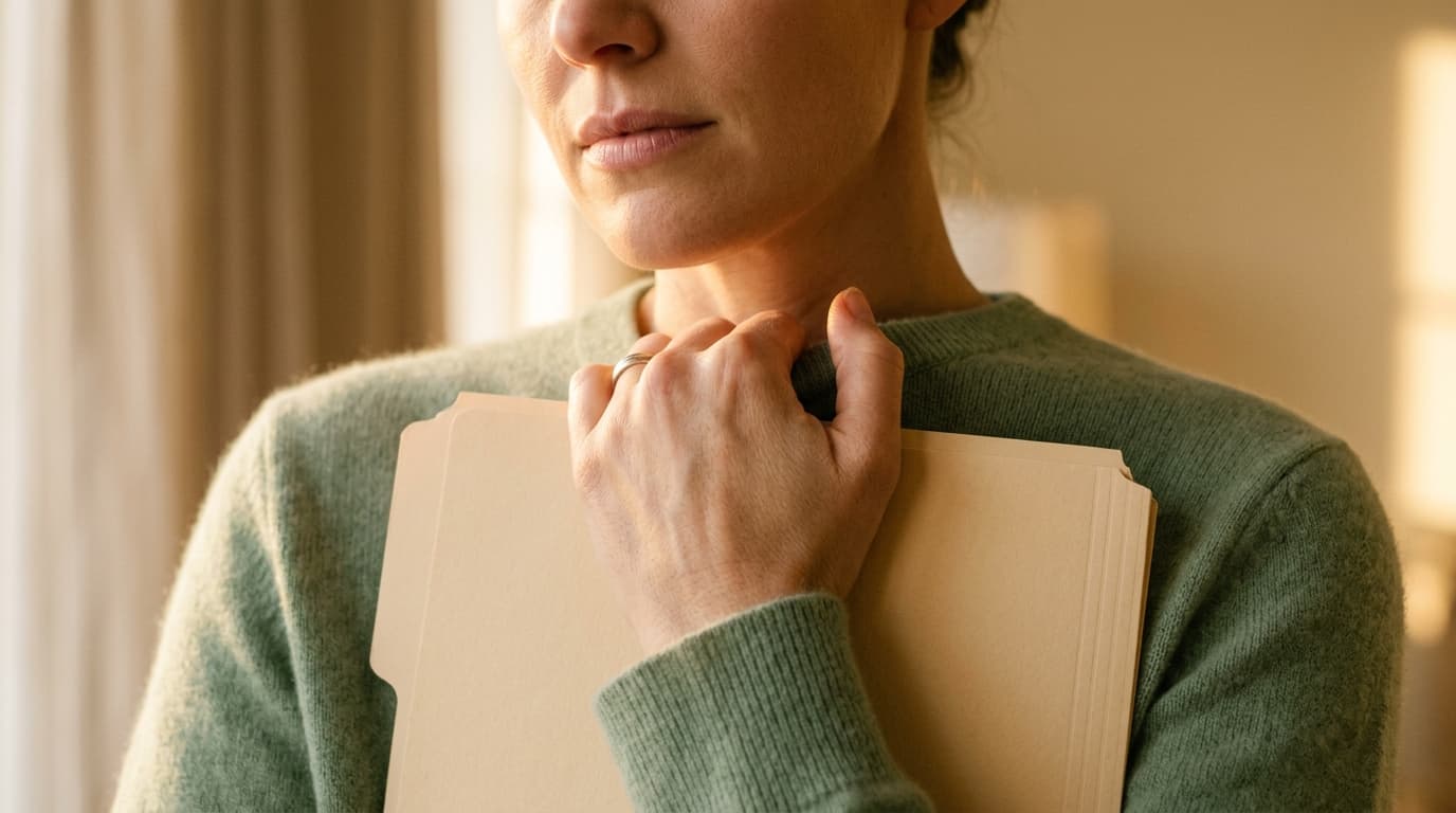 Extreme macro shot of a woman in a sage green cashmere sweater, hand firmly holding a medical referral folder against her...