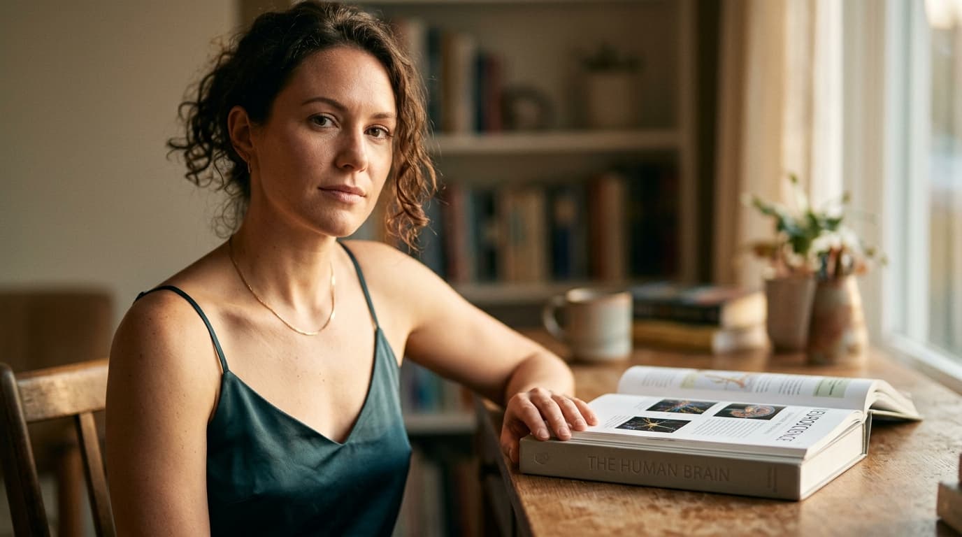 A woman in a silk camisole sits offset left, hand resting calmly on a desk beside an open neuroscience textbook, illuminat...