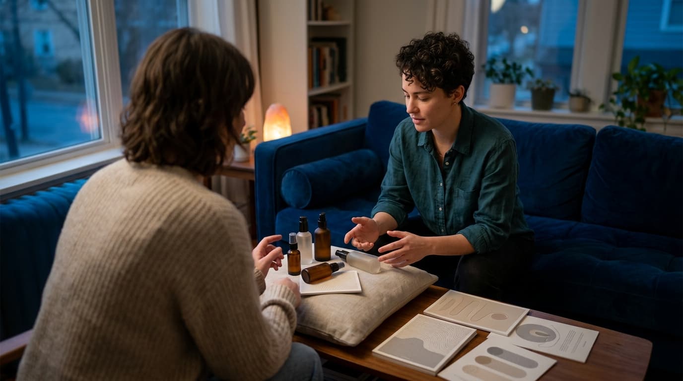 Over-the-shoulder view of a couple sitting on a velvet sofa during blue hour. They are calmly discussing a spread of unsce...