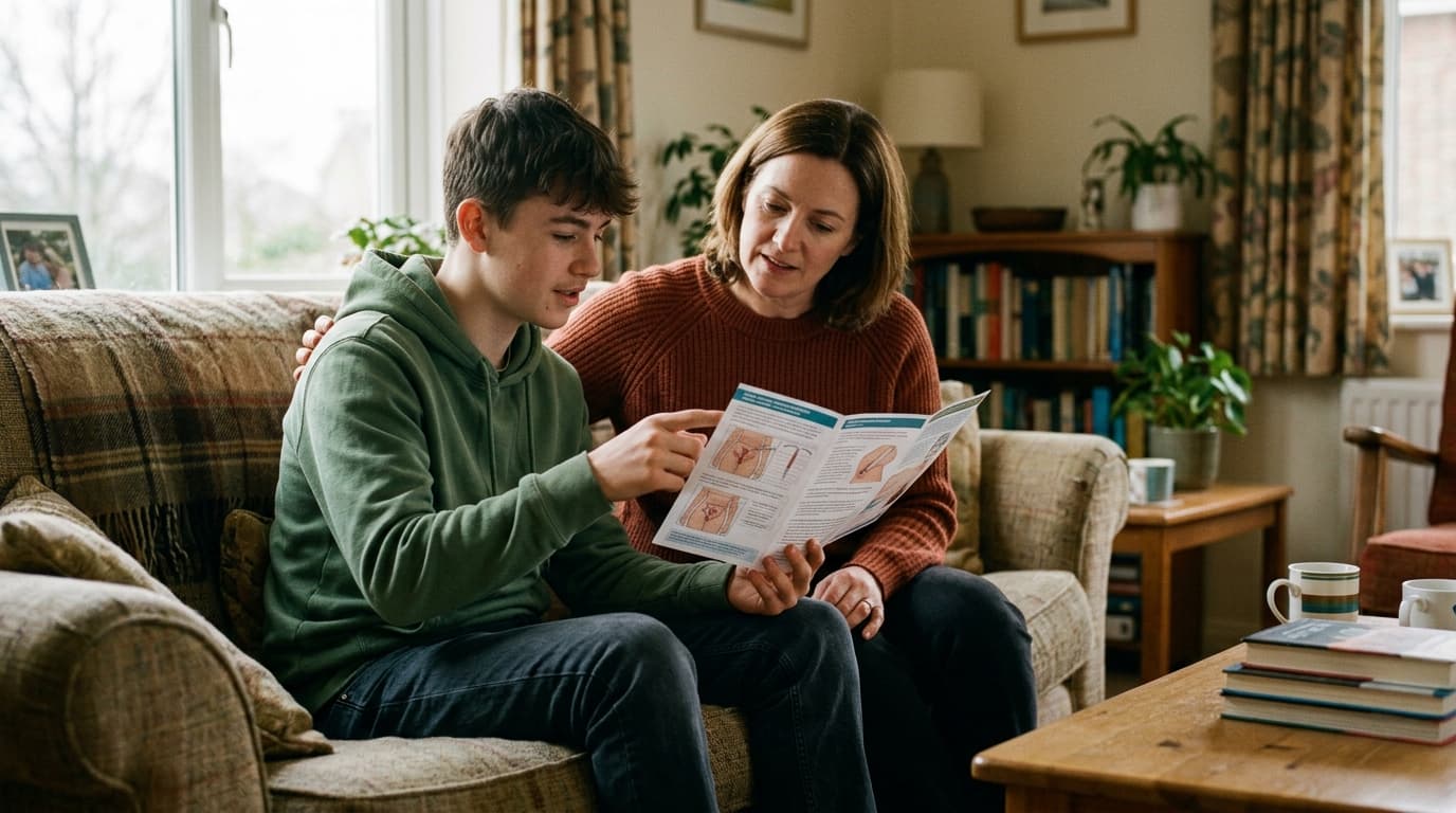 Low-angle hero shot of a teen and a parent sitting on a couch. The teen holds a sensory-friendly anatomy diagram while the...