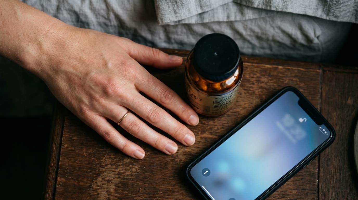 A 100mm macro overhead shot captures a hand reaching toward a bedside table, fingertips resting near an amber-colored supp...
