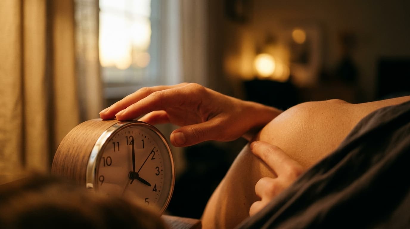 A tight, warm-toned crop of a hand gently tracing the side of a bedside clock set to 4:00 PM, with fingertips grazing the...