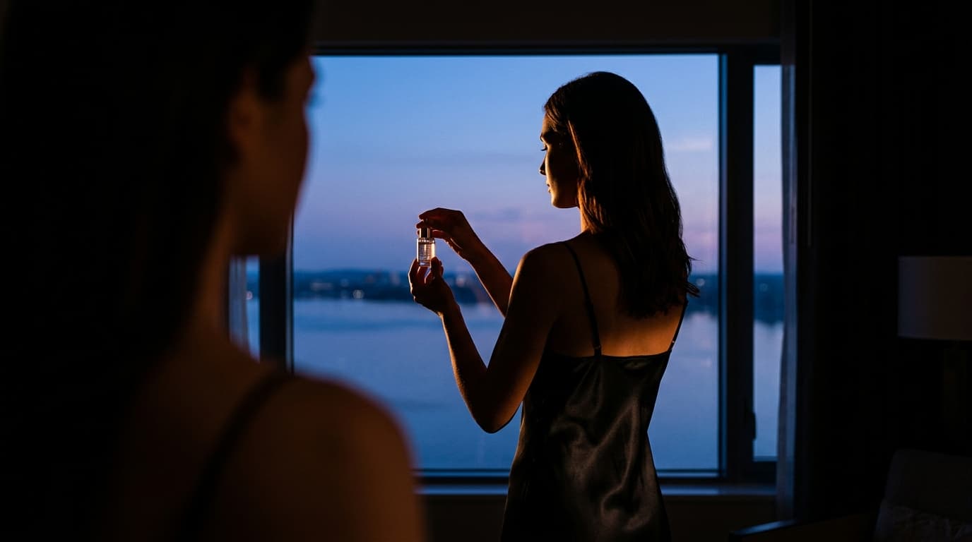 A woman in a silk slip dress stands centered, silhouetted against blue hour light, holding an elegant glass vial of serum....