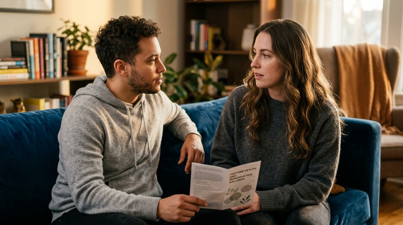 A trans man in a soft grey hoodie and a woman in a charcoal sweater sit on a velvet couch. A clinical reproductive health...