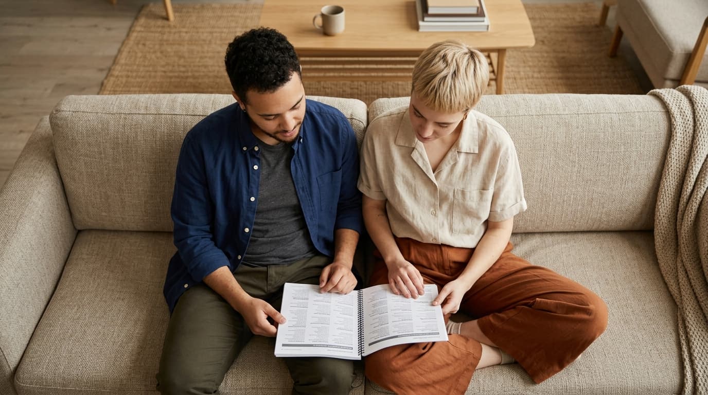 Overhead flat-lay, 24mm wide-angle: a trans man in a navy button-down and a nonbinary person in a beige linen shirt sit sy...