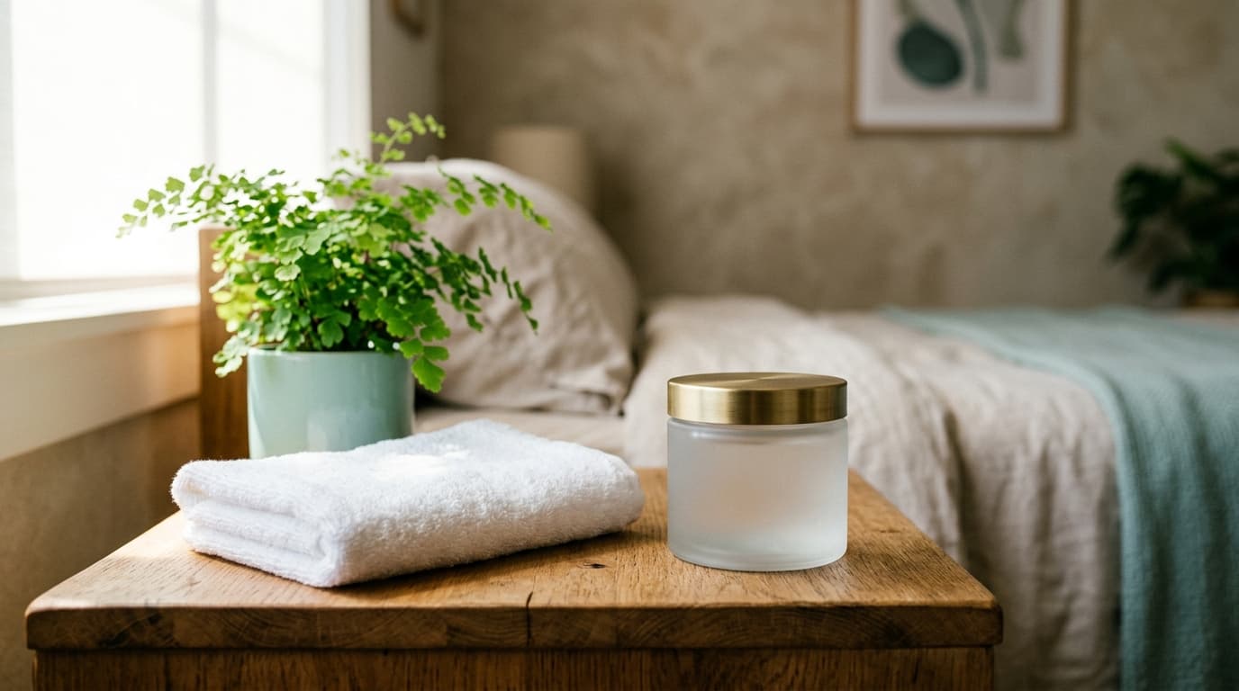 A frosted glass jar of high-end, water-based lubricant sits on a sun-drenched wooden bedside table, offset right. A soft w...