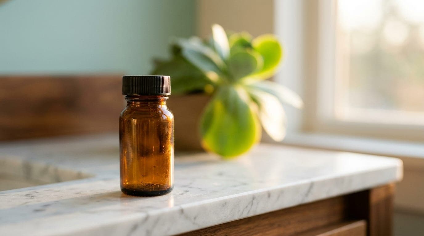 An extreme macro shot captures a small, amber prescription bottle resting on a white marble vanity. Golden late afternoon...