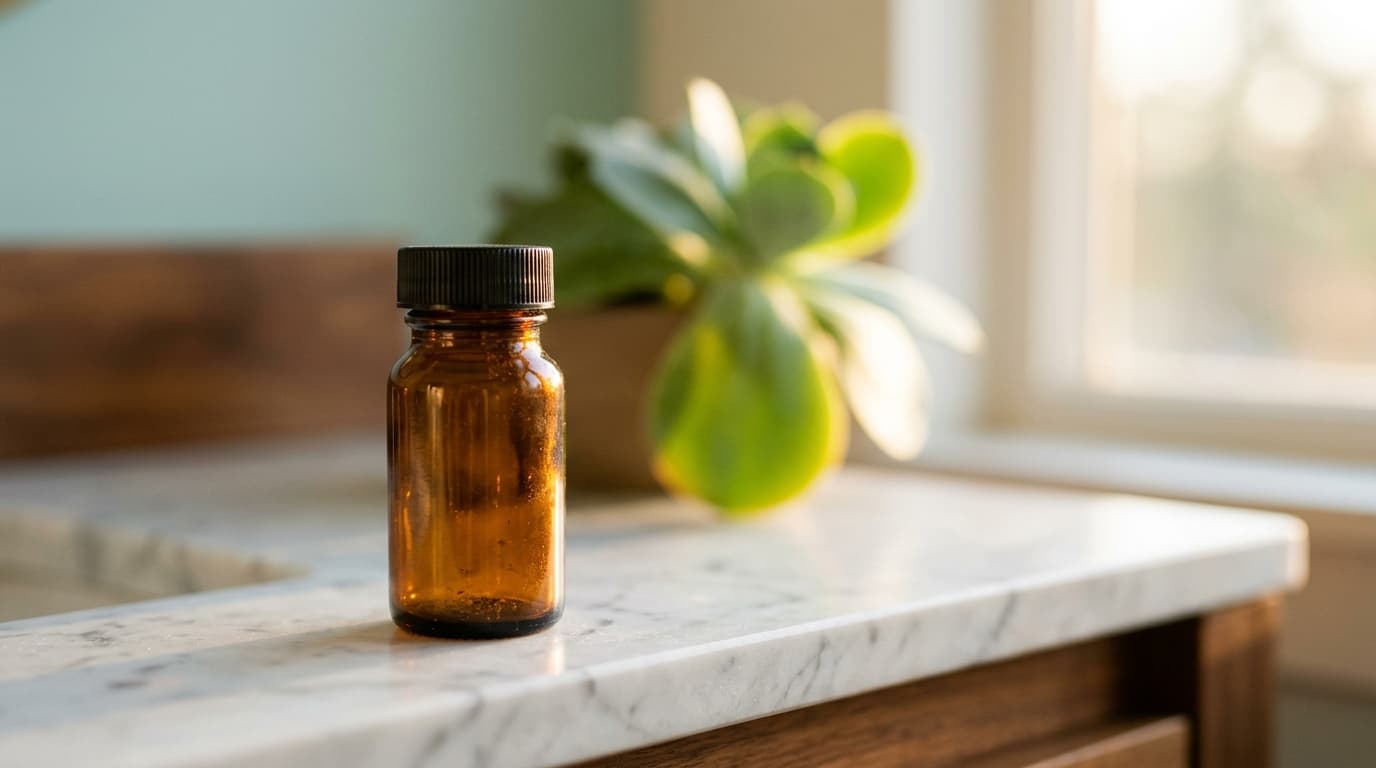 An extreme macro shot captures a small, amber prescription bottle resting on a white marble vanity. Golden late afternoon...