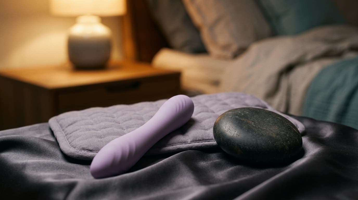 A warm, tungsten-lit bedside surface holds a soft, vibrating pelvic wand beside a lavender-scented heating pad and a smoot...