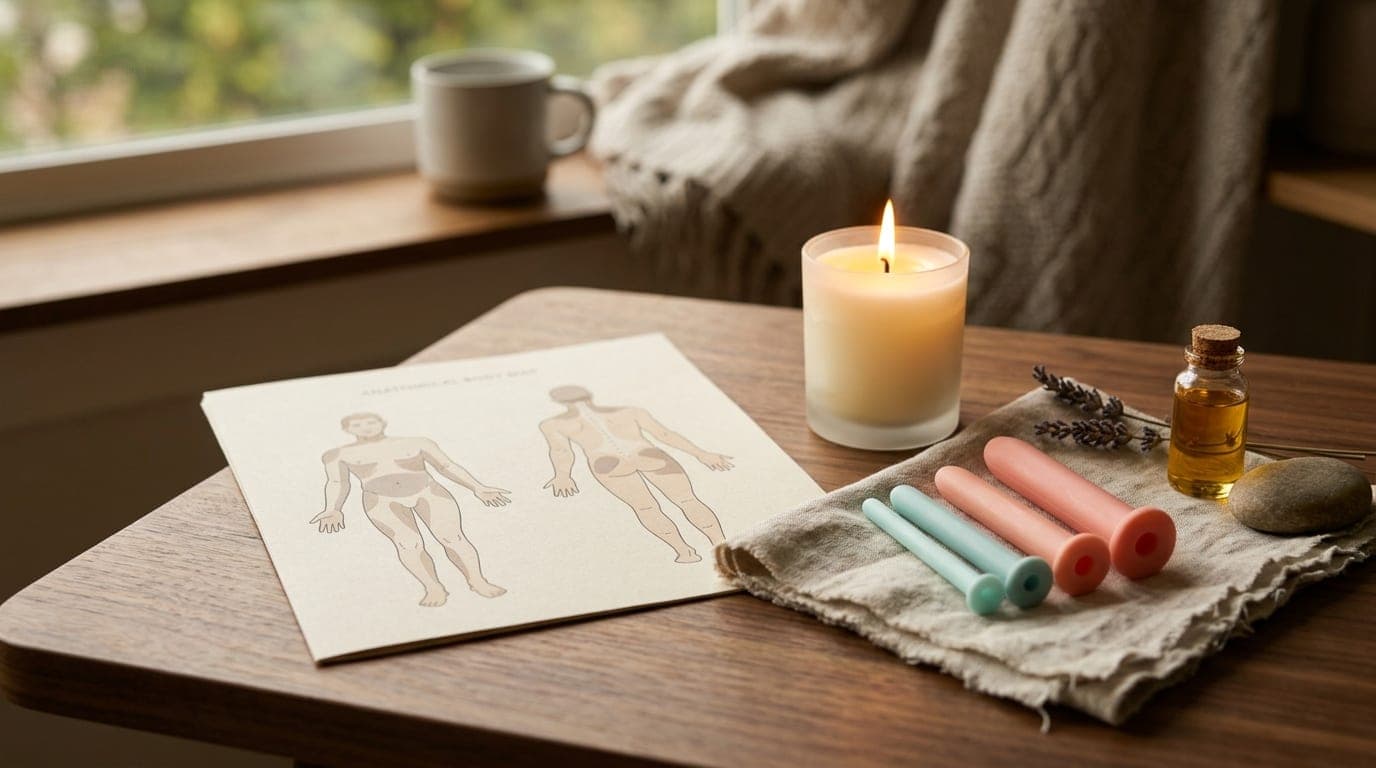 A soft, cream-colored anatomical body map rests on a walnut table. Beside it, a single flickering candle and a specialized...