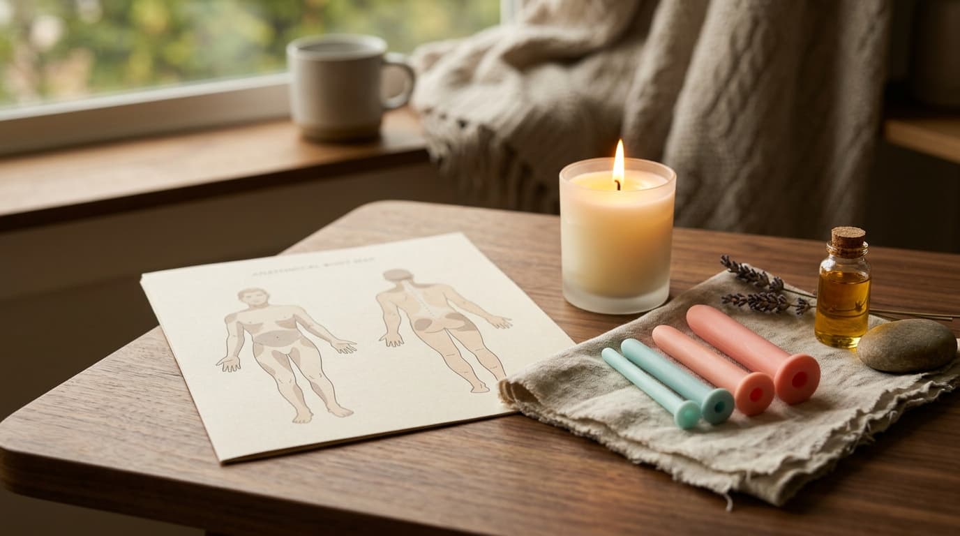 A soft, cream-colored anatomical body map rests on a walnut table. Beside it, a single flickering candle and a specialized...