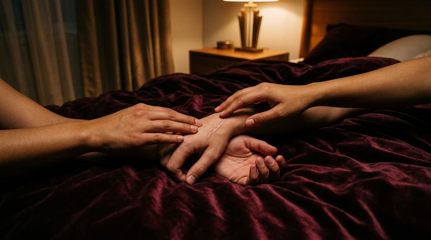 Centered 24mm wide shot of two pairs of hands resting on a rumpled, deep velvet duvet. One hand gently traces a jagged, fa...