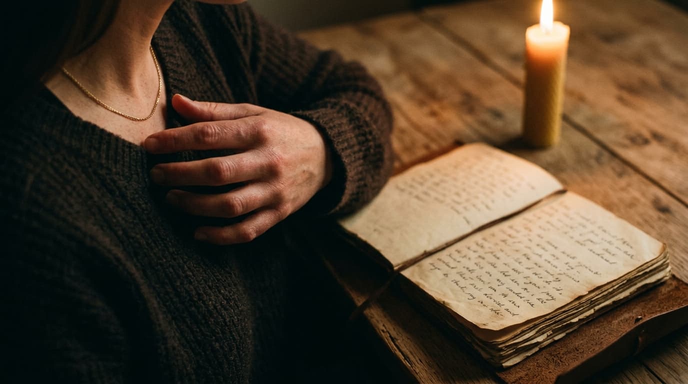 A woman’s hand rests on her own bare collarbone, fingertips gently pressing into the skin. Beside her, an open, weathered...