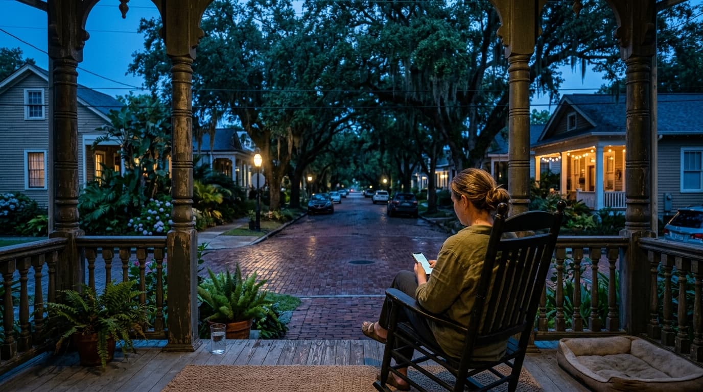 A wide-angle, centered view from a Broadmoor front porch at blue hour. A person in a casual linen shirt looks at a phone,...