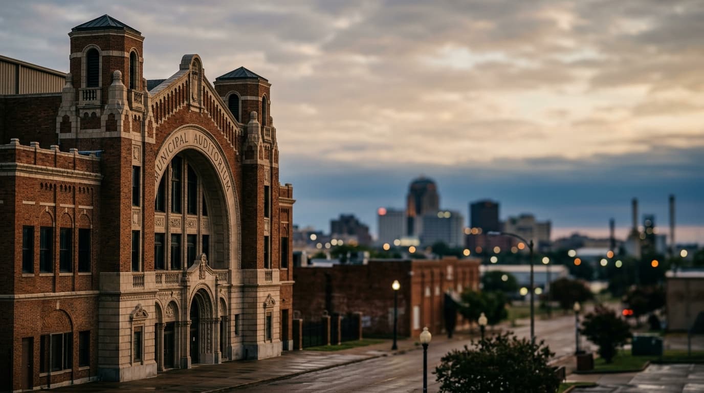 An 85mm shallow depth of field shot captures the iconic Shreveport Municipal Auditorium facade under a soft, overcast morn...