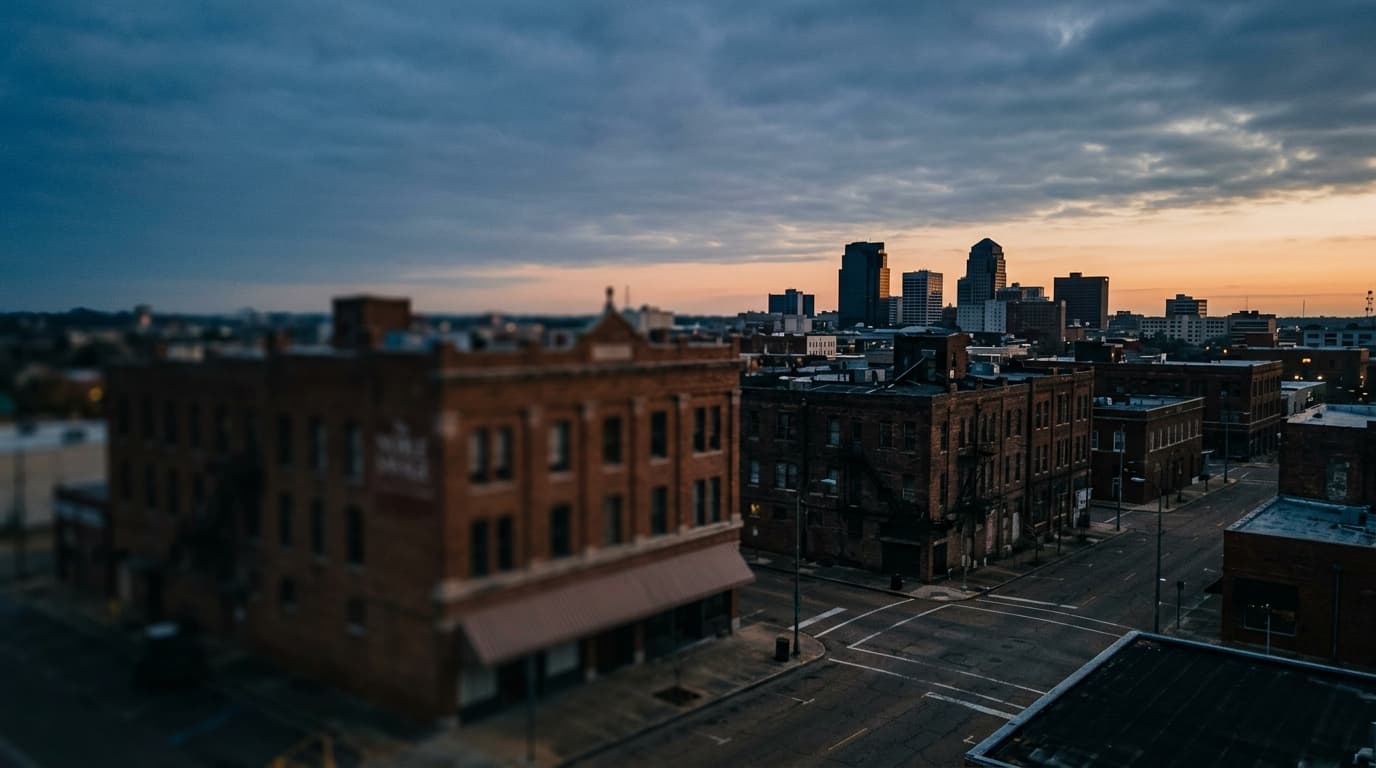 Overhead flat-lay of the darkened, historic downtown Shreveport architecture at overcast dawn. The Noble Savage’s brick ex...