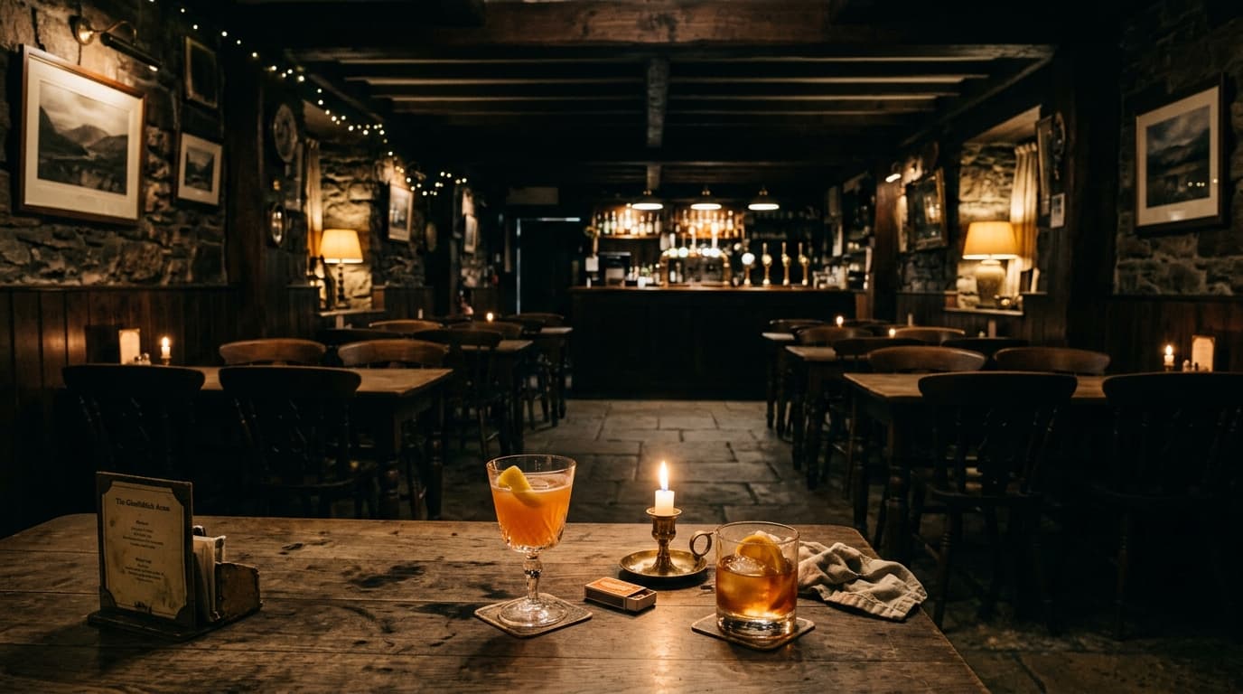 A wide, eye-level shot inside a moody Highland bistro at night. Two half-finished cocktails sit on a weathered oak table,...