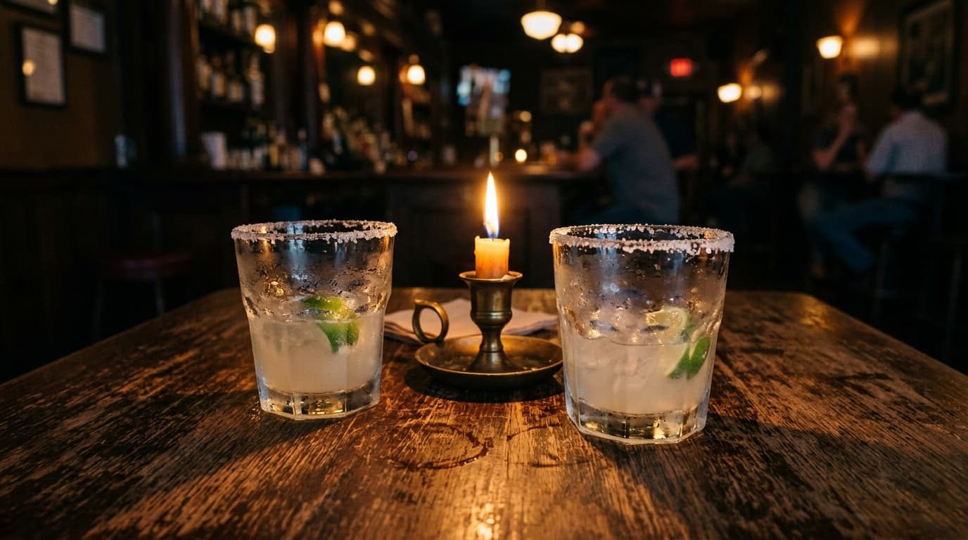 A medium shot of a weathered wooden table at The Noble Savage. Two half-empty margarita glasses sit near a single flickeri...