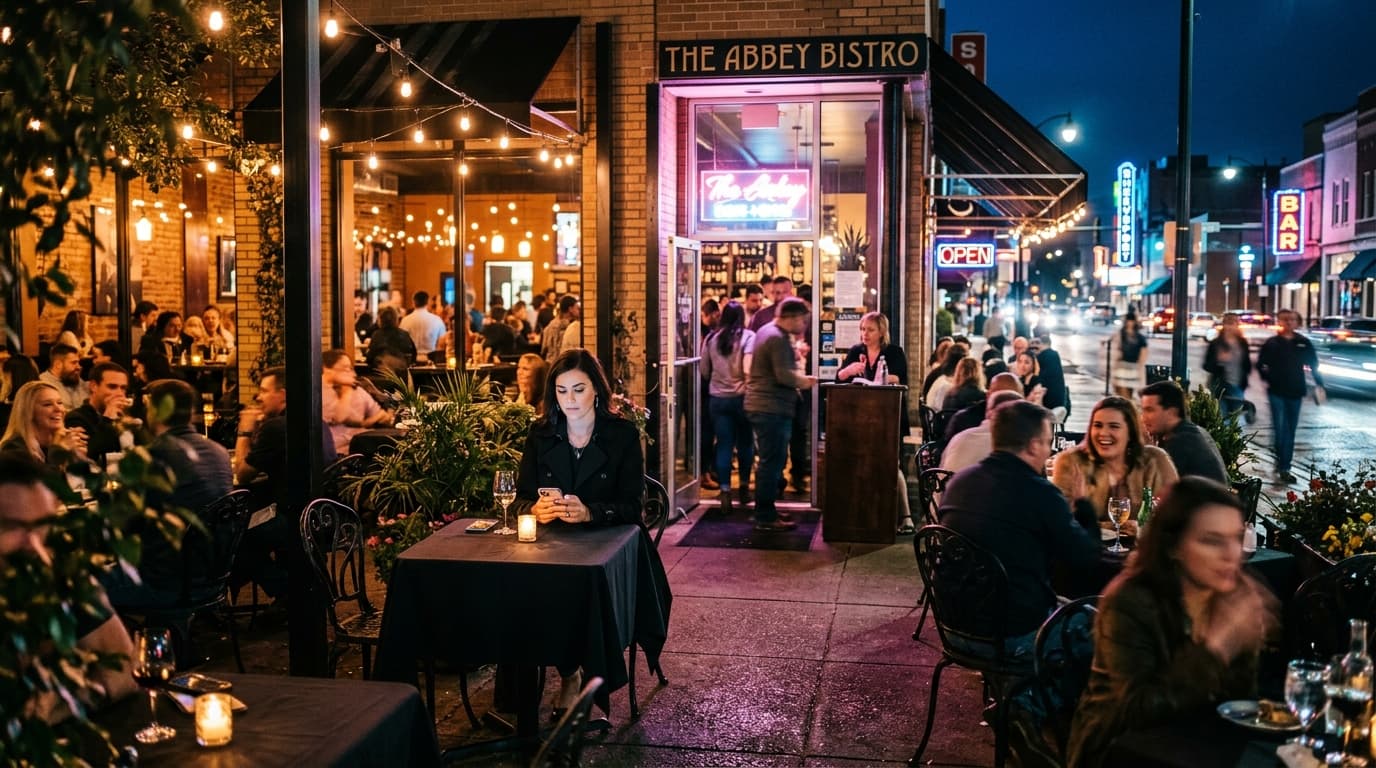 A wide-angle, symmetrical shot of a vibrant, crowded Shreveport bistro patio at night. A woman in a black trench coat sits...