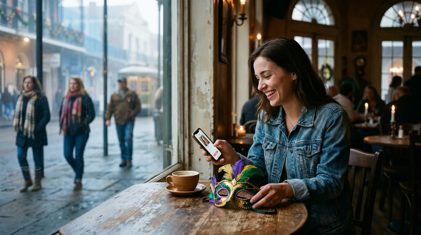 A woman in a vintage denim jacket sits at a worn bistro table in a local café. She holds a colorful Mardi Gras mask, smili...