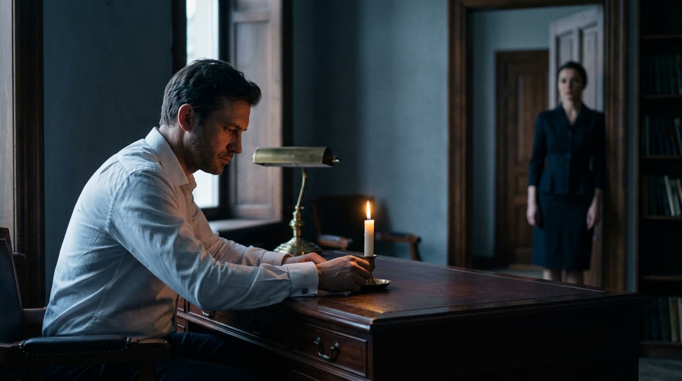 A man in a crisp white dress shirt sits at the far edge of a mahogany desk, head turned toward a dim candle, ignoring a wo...