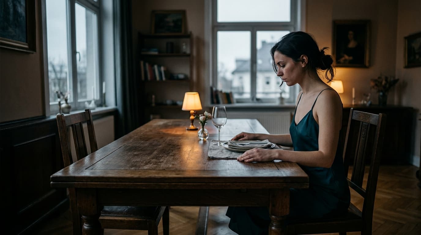 A woman in a silk slip dress sits at a large, empty dining table, staring at a single place setting while the other chair...